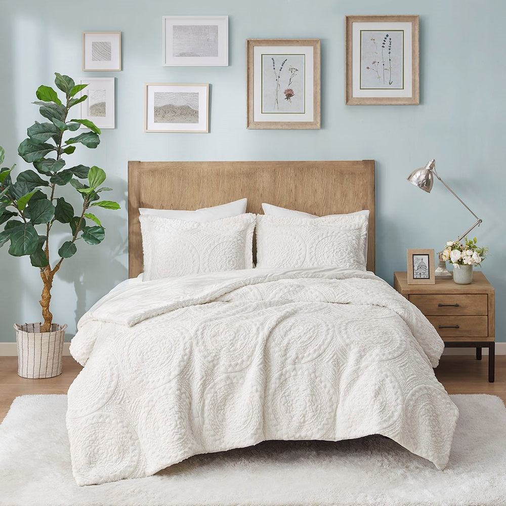 Twin Embroidered Medallion Faux Fur Ultra Plush Comforter Mini Set Media 7