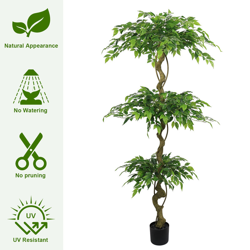 6FT Lifelike Artificial Ficus Tree with Black Pot for Home or Office Decor, Green Plastic Indoor Plant