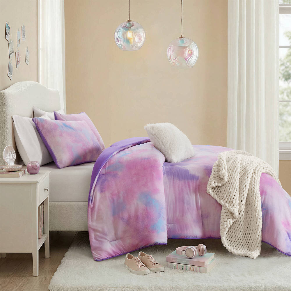 4 Pieces Full/Queen Watercolor Tie Dye Printed Comforter Set with Throw Pillow,Purple Media 19