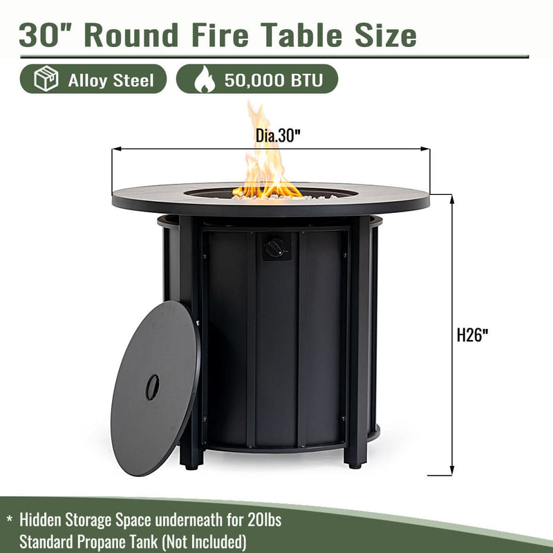 Propane Fire Pit Table Round Steel Wood Grain Ceramic Tabletop For Outdoor Patio & Backyard Entertaining