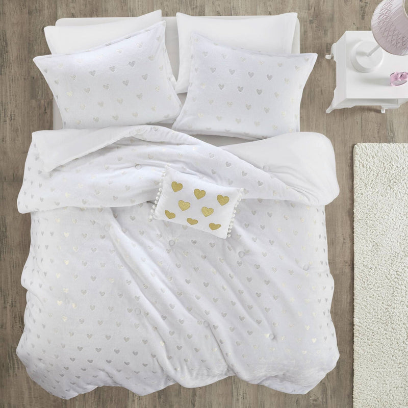 Plush Comforter Set White & Gold Heart Print 4 Piece Full Queen Bedding Includes Shams & Throw Pillow