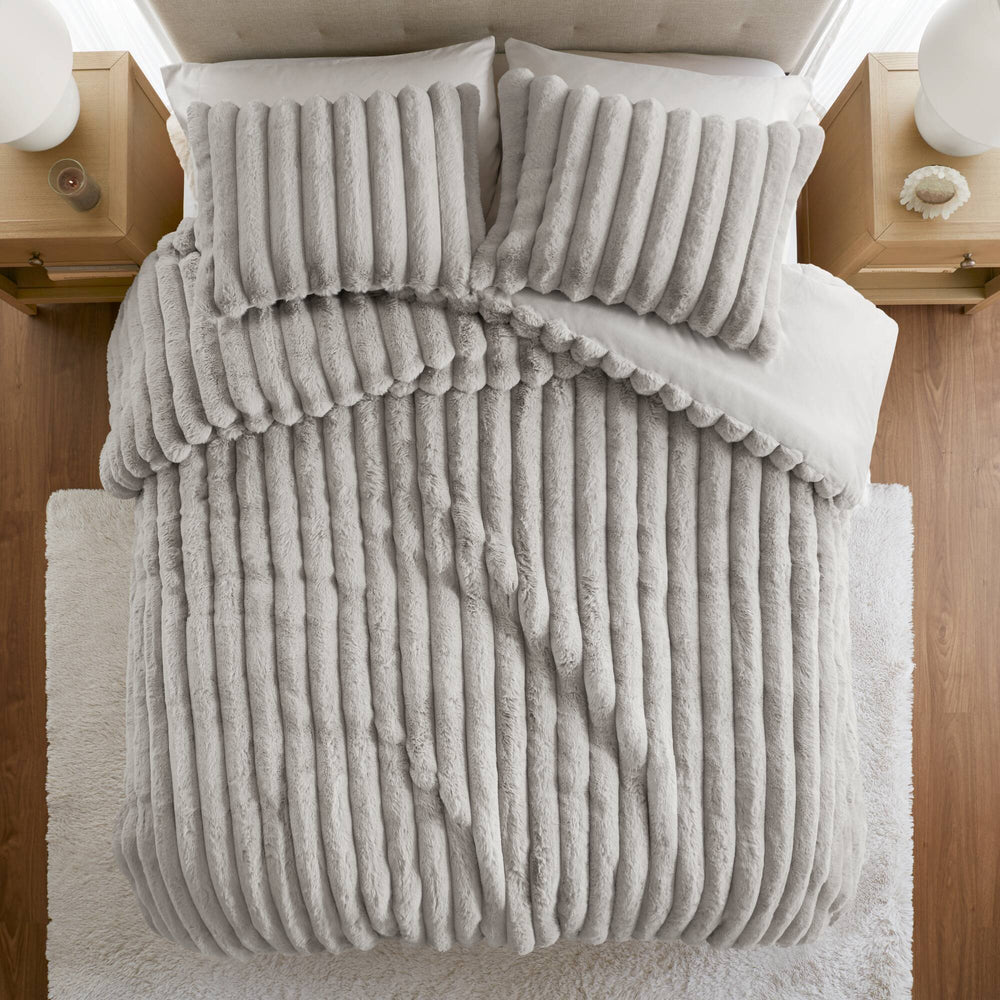 3 Pieces King  soft Faux Fur Ribbed Comforter Set,Light Gray Media 13