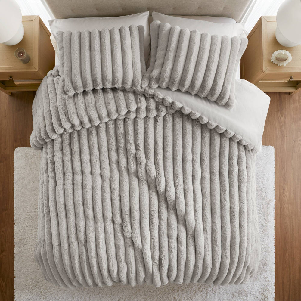 3 Pieces Full/Queen  soft Faux Fur Ribbed Comforter Set,Light Gray Media 13