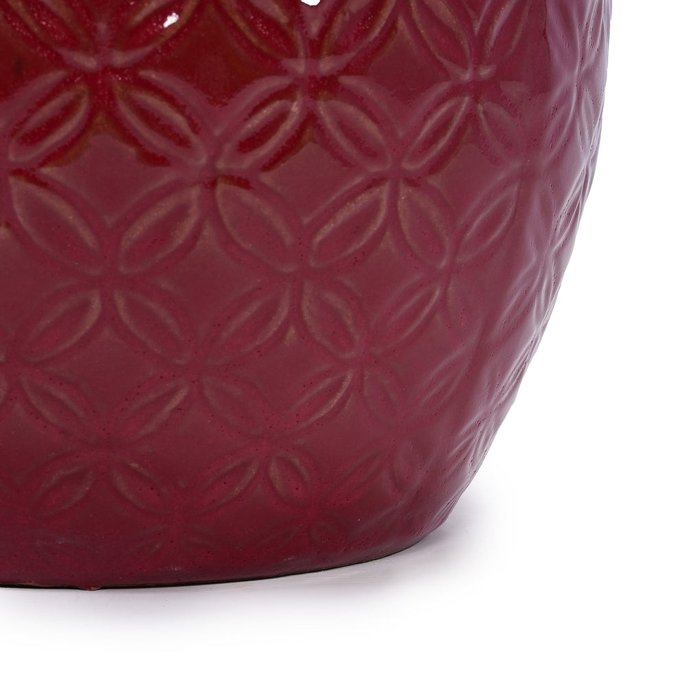 Handmade Ceramic Flower Pot Set of 3, 15/12/10 Inch Diameter, Deep Red with Floral Embossed Pattern, for Orchids Indoor/Outdoor Use on Windowsill & Bookshelf, Breathable Clay Media 19