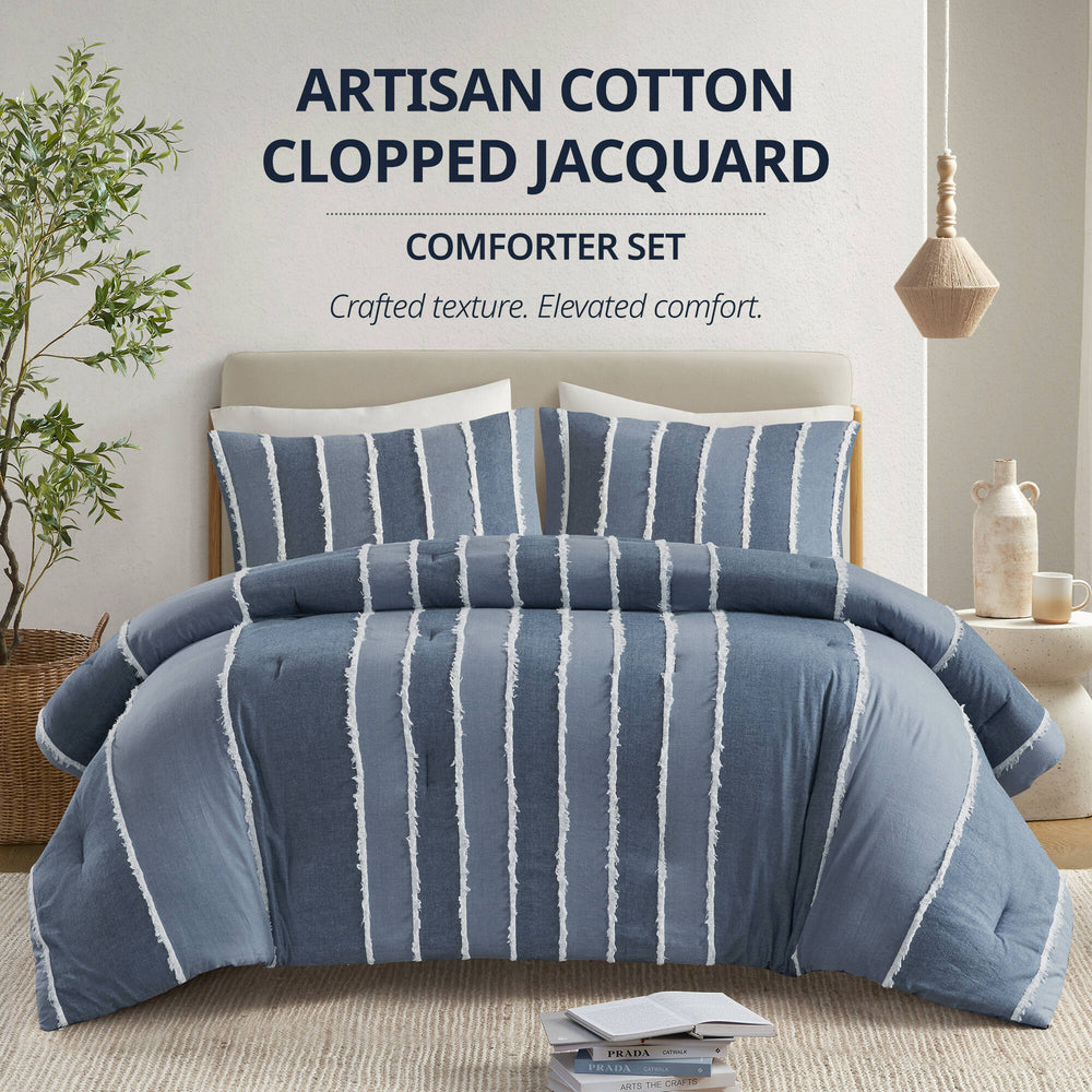 3 Pieces King/Cal King Striped Cotton Comforter Set,Blue Media 8