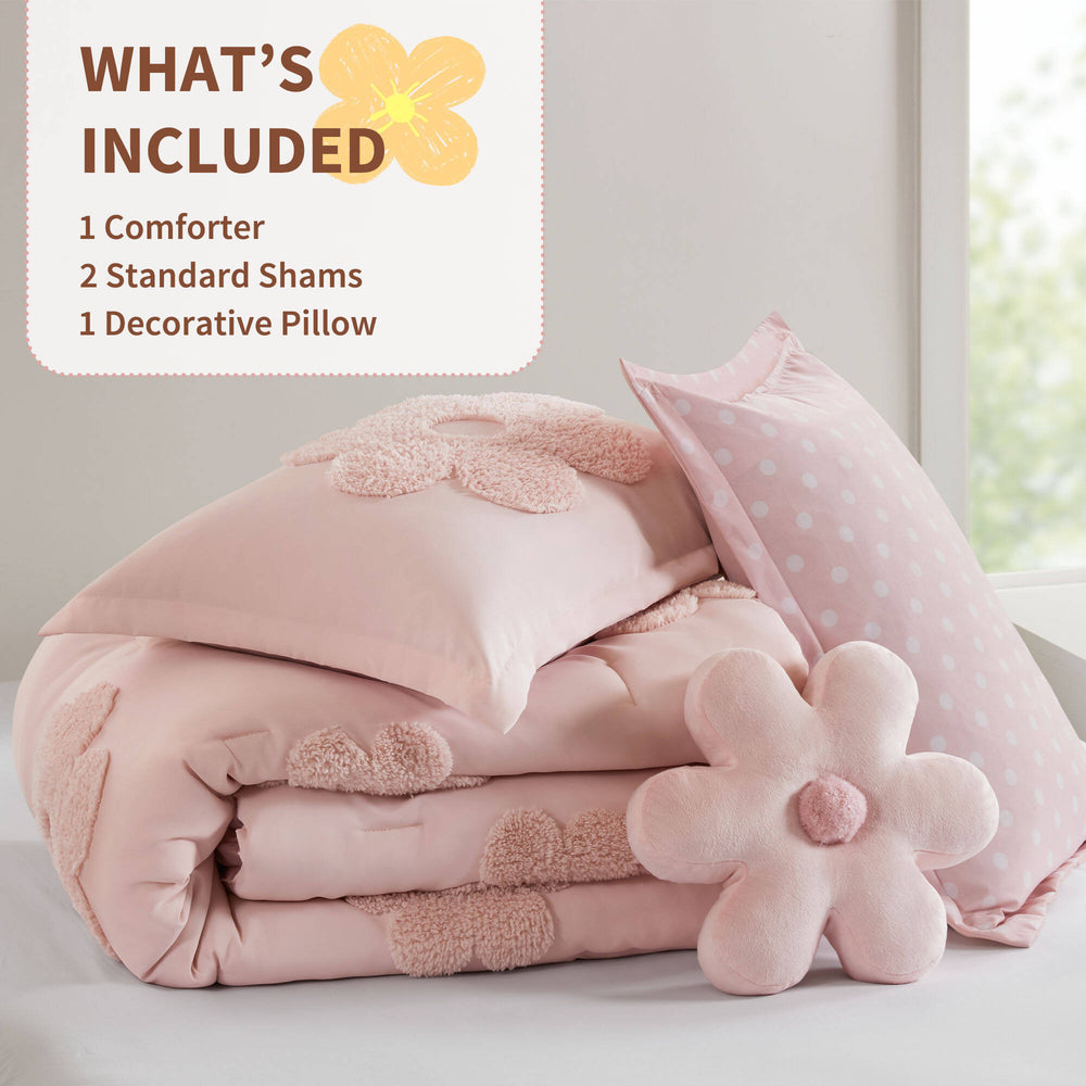 4-Piece Full/Queen Floral Reversible Tufted Chenille Comforter Set with Flower Throw Pillow,Pink Media 6