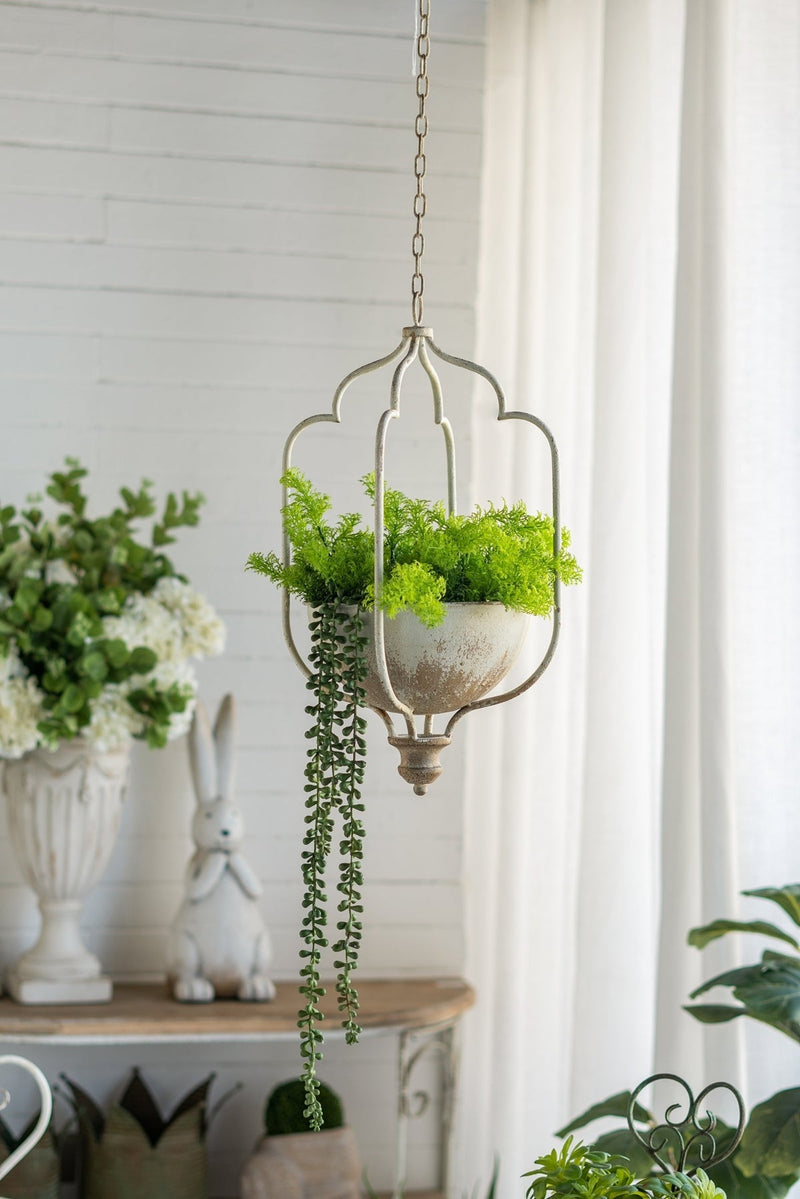 11.8x9.8x21.7' Rustic Hanging Iron Planter with Distressed White Finish
