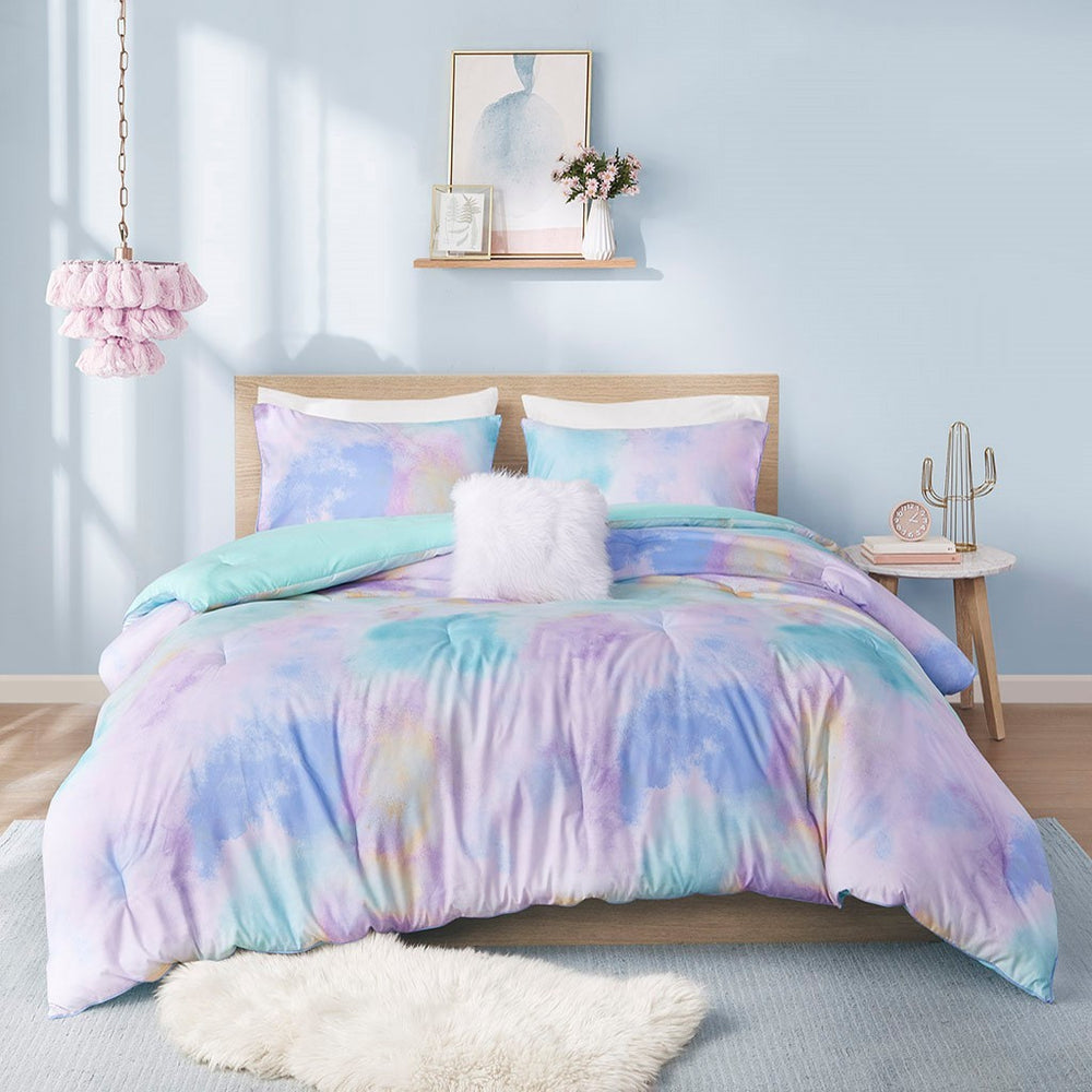 King/Cal King Watercolor Tie Dye Printed Comforter Set with Throw Pillow Media 5