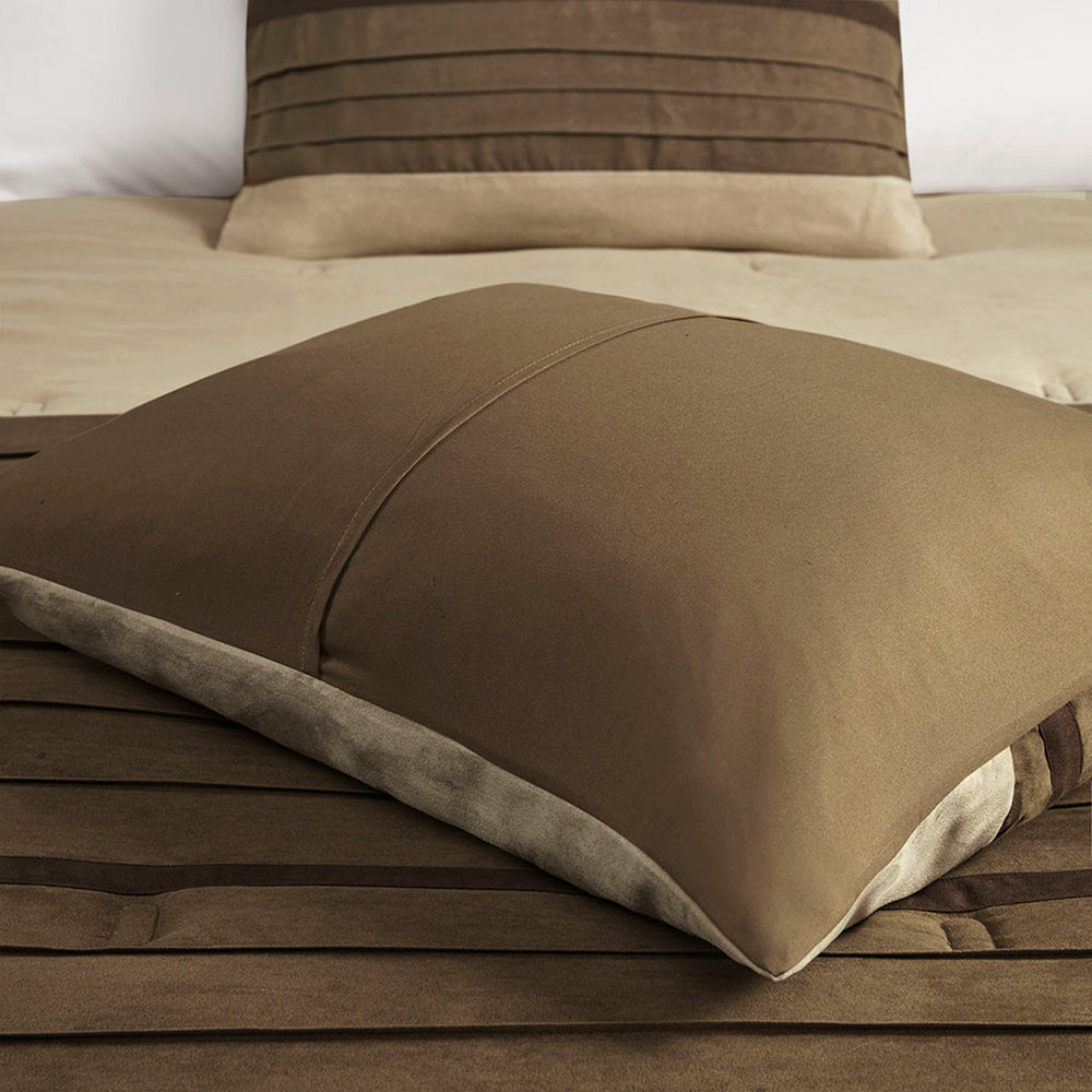 7 PC Pieced Faux Suede Comforter Set Natural Queen Media 11