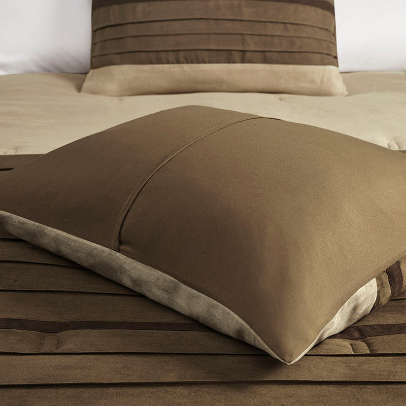 7 PC Pieced Faux Suede Comforter Set Natural Queen