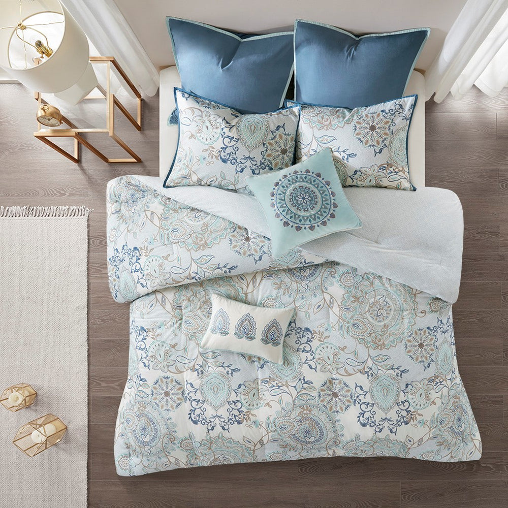 8 Piece Cotton Floral Printed Reversible Comforter Set Blue Cal King Media 7