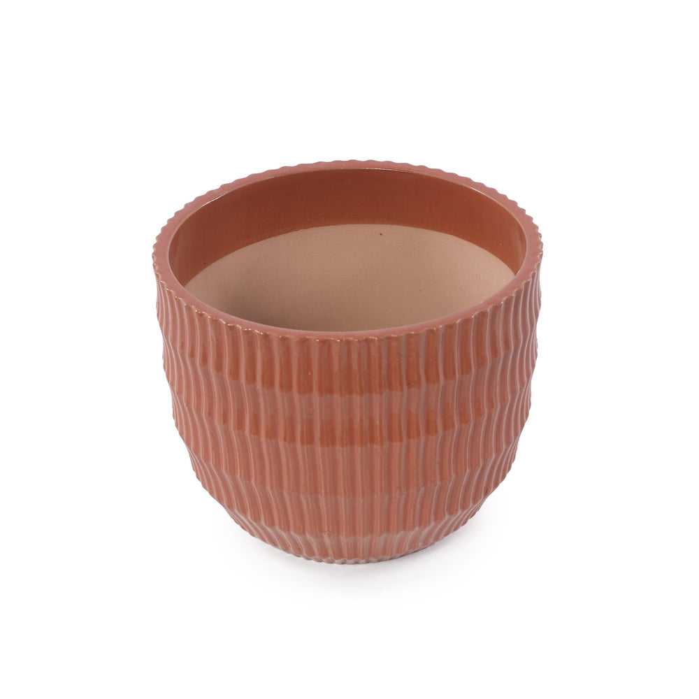 Handmade Brick Red Glaze Ceramic Planter Set of 4, 7/9/12/14 Inch, Horizontal Grooves, Indoor & Outdoor Herb Succulent Pots, Breathable Clay with Drainage Holes Media 10