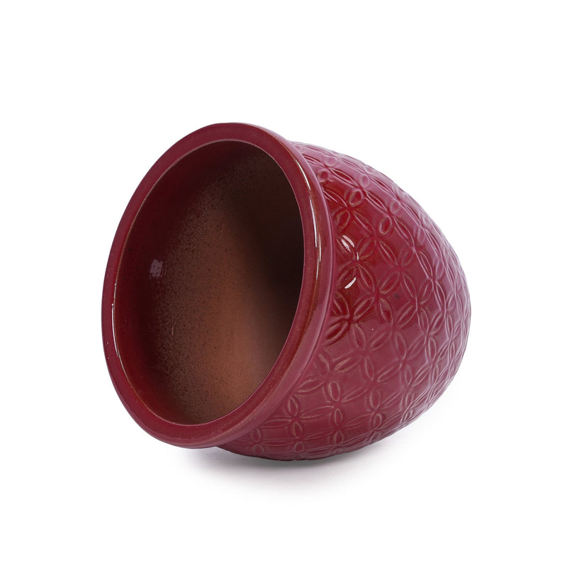 Handmade Ceramic Flower Pot Set of 3, 15/12/10 Inch Diameter, Deep Red with Floral Embossed Pattern, for Orchids Indoor/Outdoor Use on Windowsill & Bookshelf, Breathable Clay