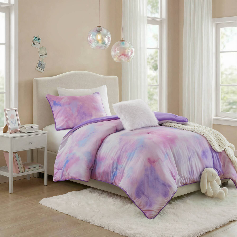 3 Pieces Twin/Twin XL Watercolor Tie Dye Printed Comforter Set with Throw Pillow,Purple Media 1
