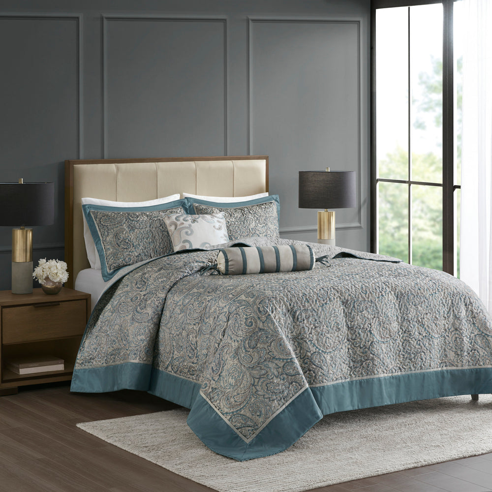 5 Piece Jacquard Bedspread Set with Throw Pillows Teal Queen Media 1