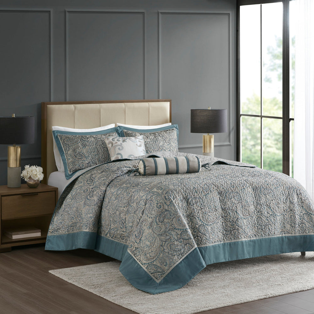 5 Piece Jacquard Bedspread Set with Throw Pillows Teal Queen Media 1