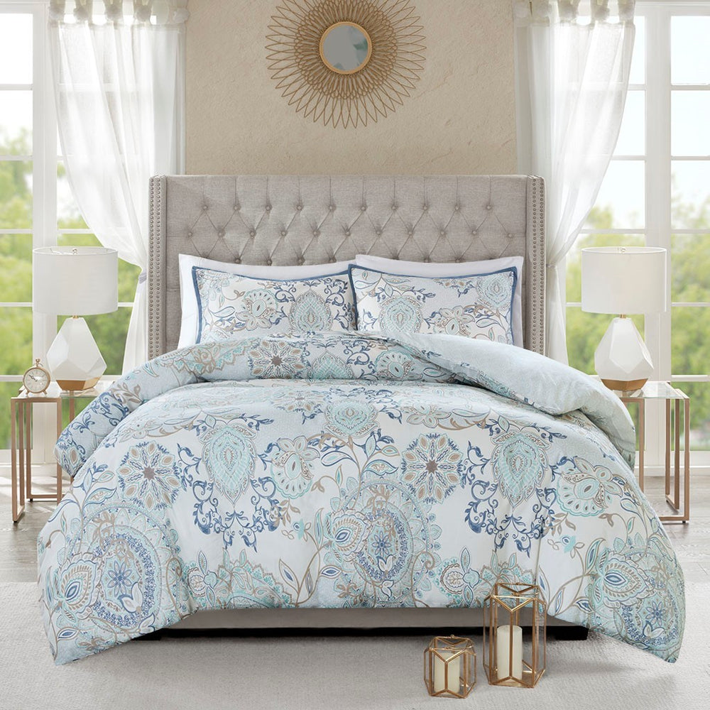 Full/Queen 3 Piece Cotton Floral Printed Reversible Duvet Cover Set Media 1