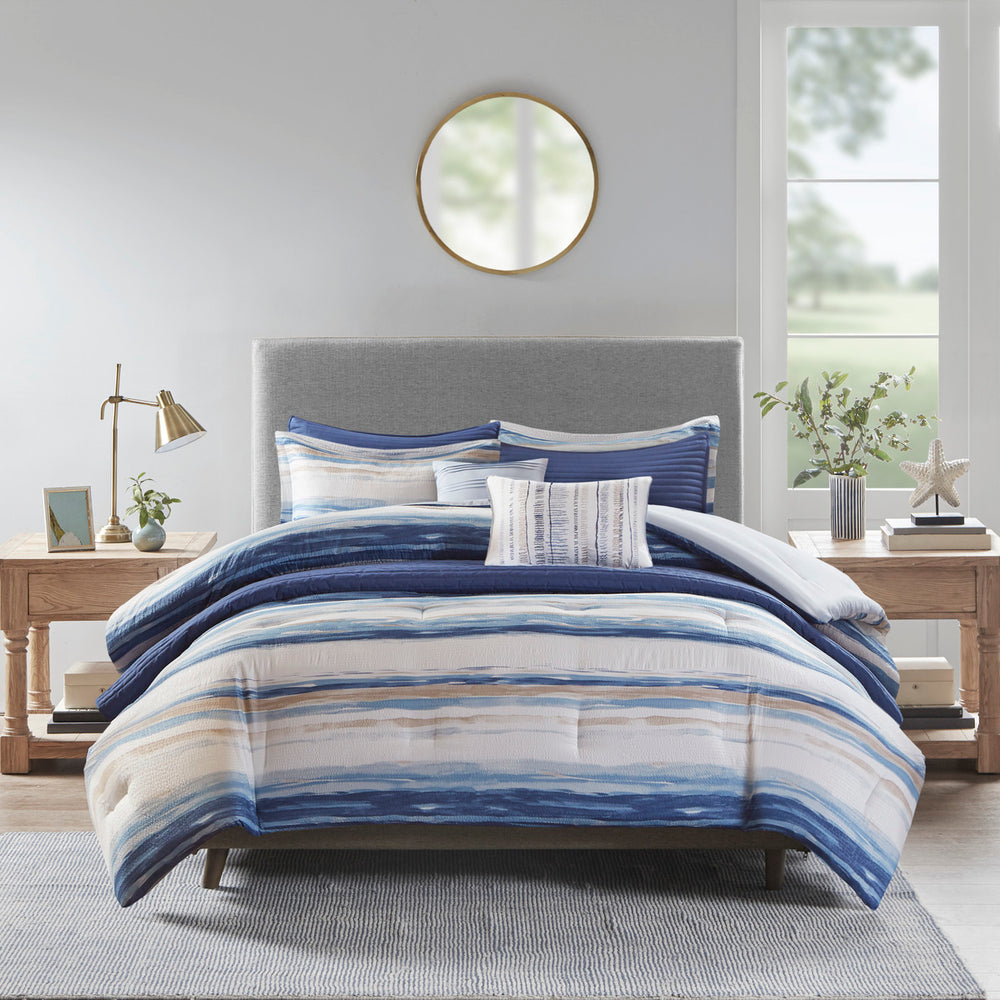 8 Piece Printed Seersucker Comforter and Quilt Set Collection Blue King/Cal King Media 7
