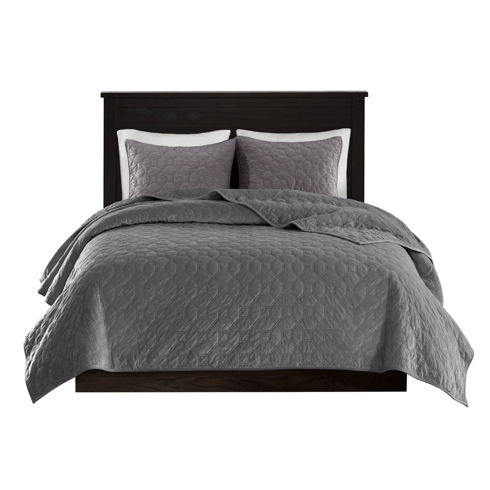 3 Piece Velvet Quilt Set Grey Full/Queen Media 10