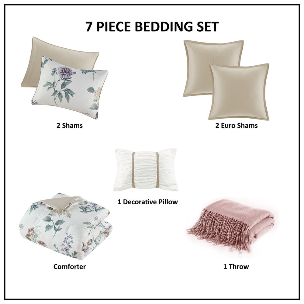 7 Piece Printed Seersucker Comforter Set with Throw Blanket Taupe/Blush King/Cal King Media 18
