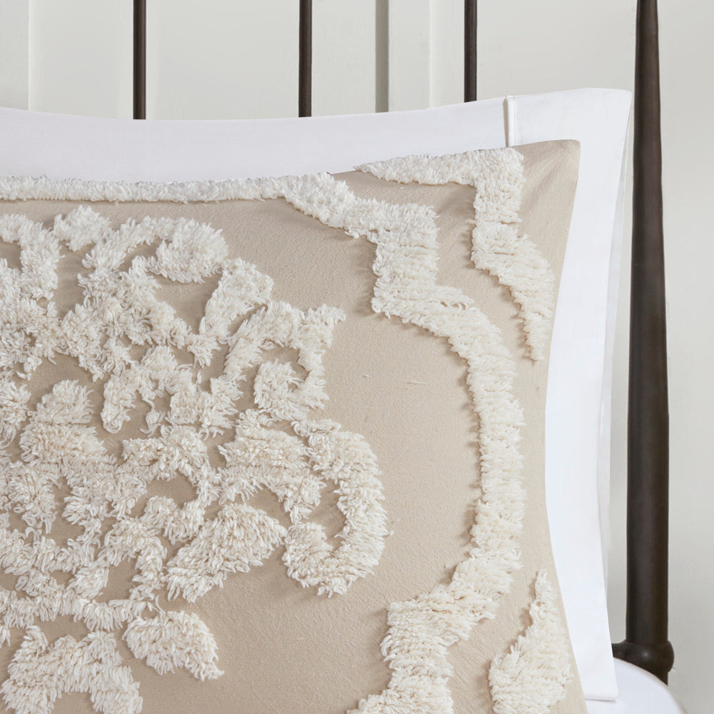 3 piece Tufted Cotton Chenille Damask Comforter Set Taupe Full/Queen Media 10
