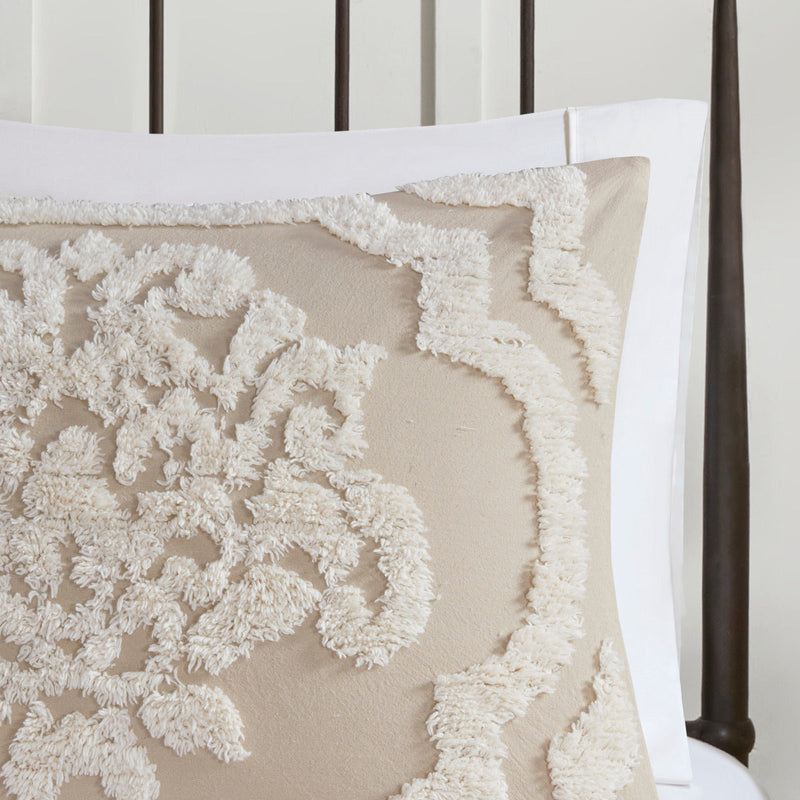 3 piece Tufted Cotton Chenille Damask Comforter Set Taupe Full/Queen