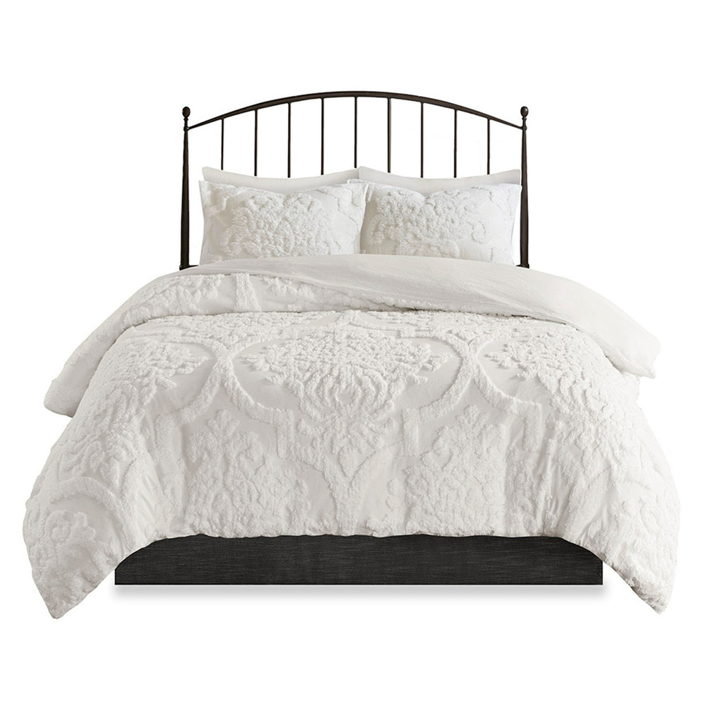 3 Piece Tufted Cotton Chenille Damask Comforter Set Off-White King/Cal King Media 3