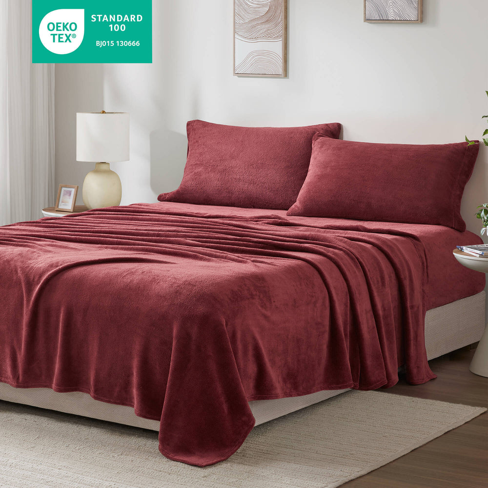 4 PCS King Micro Plush Sheet Set Burgundy Media 5