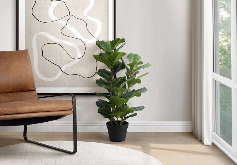 Artificial Plant, 32' Tall, Fiddle Tree, Indoor, Faux, Fake, Floor, Greenery, Potted, Real Touch, Decorative, Green Leaves, Black Pot