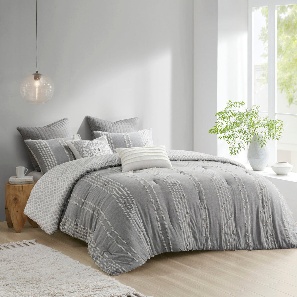 3 Piece Cotton Jacquard Comforter Set Gray Full/Queen Media 5