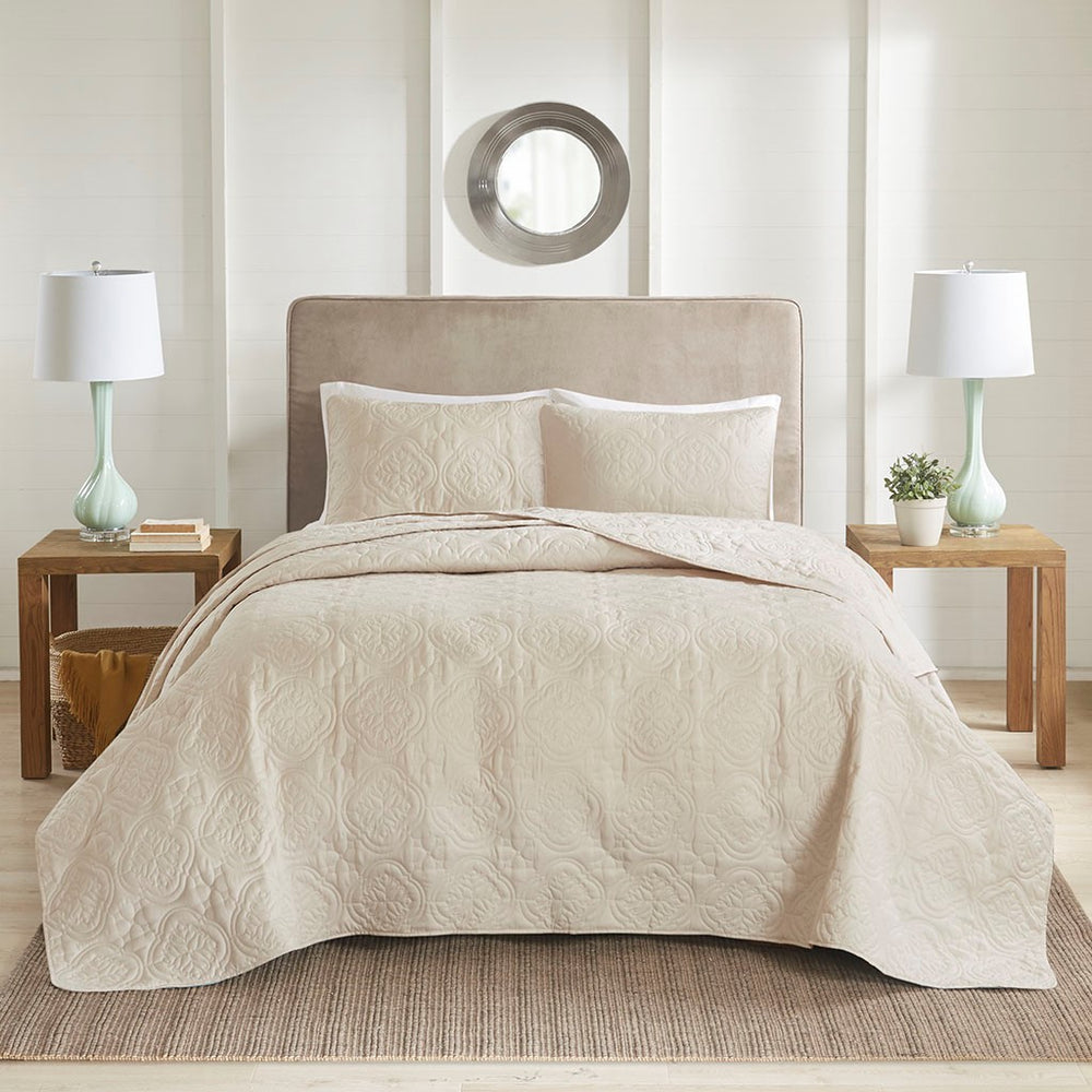 3 Piece Reversible Bedspread Set Cream King/Cal King Media 1