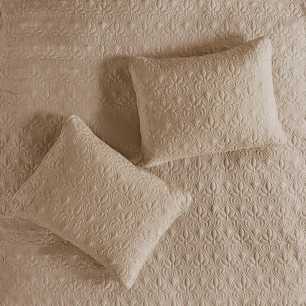 3 Piece Split Corner Pleated Quilted Bedspread Khaki King Media 5