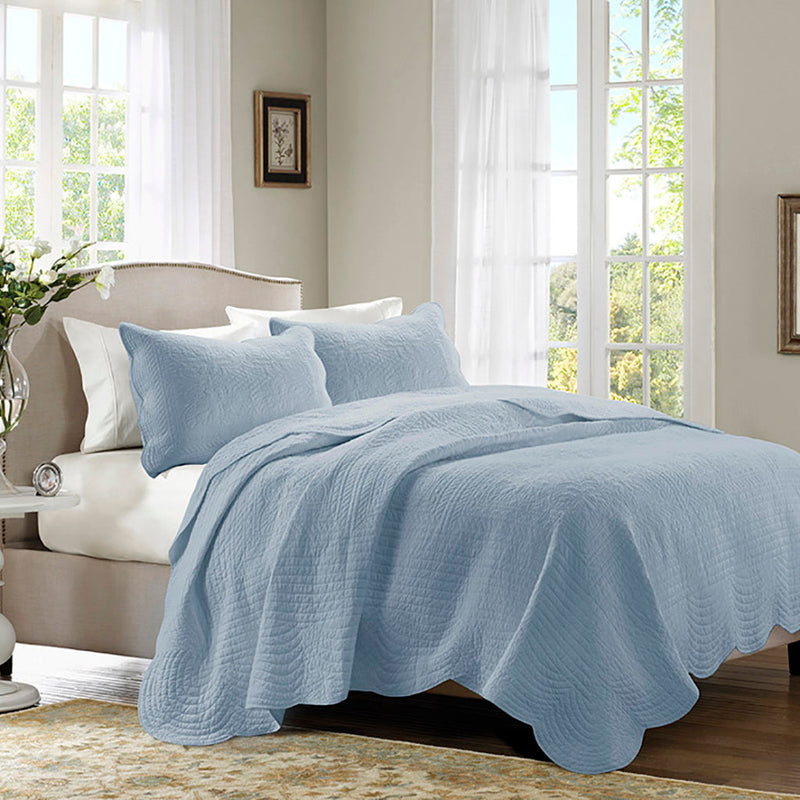 3 Piece Reversible Scalloped Edge Quilt Set Blue Full/Queen