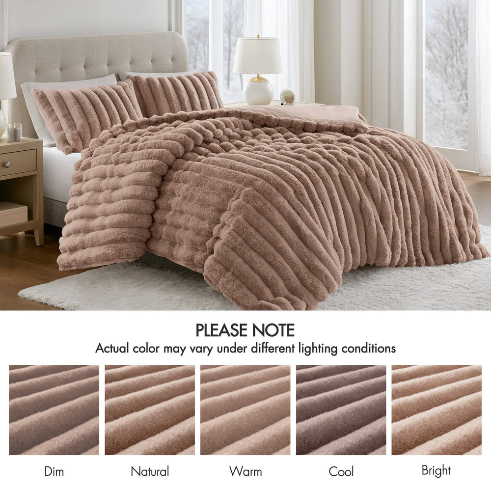 3 Pieces Full/Queen Ultrasoft Faux Fur Ribbed Comforter Set,Mocha Media 4