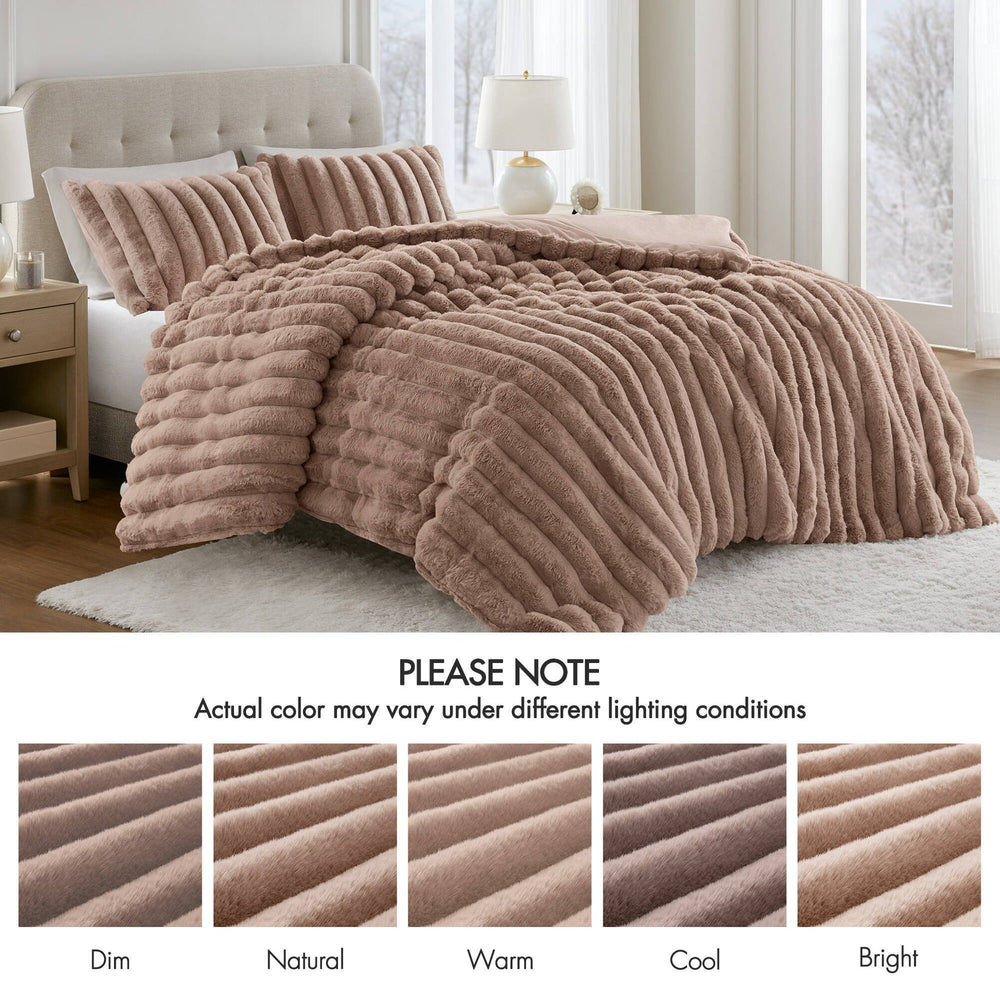 3 Pieces King Ultrasoft Faux Fur Ribbed Comforter Set,Mocha Media 4