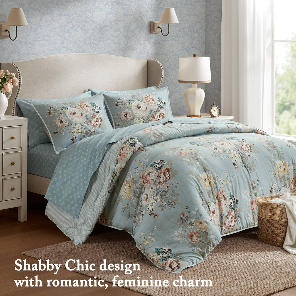 7-Piece Queen 7 Piece Vin -inspired Collection floral print,Soft Blue Media 5